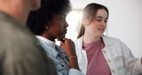 Students, college and group project with people in classroom for education, future and research thesis. Brainstorming, studying and team with friends in University for knowledge, course and idea