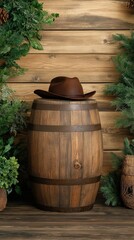 Obraz premium An old leather cowboy hat rests on a barrel with a concrete wall behind, showcasing Wild West style and offering room for design elements