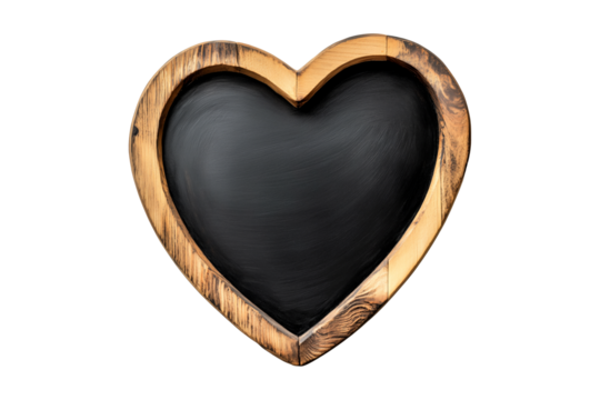 Heart-shaped wooden chalkboard with a rustic finish, isolated on a white transparent background, ideal for decoration or messages on Valentine Day