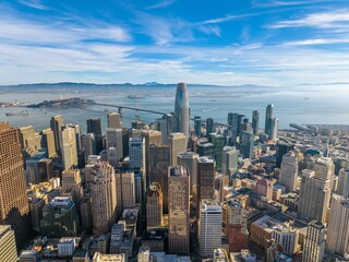 Aerial view of Downtown district of San Francisco skyline on a sunny day, California.