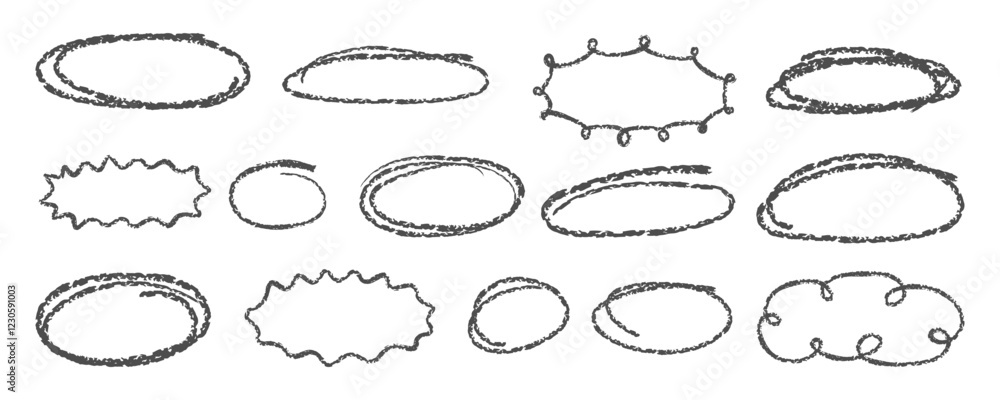 Poster various black ovals set drawn with pencil texture. monochrome minimalistic emphasis highlight elemen