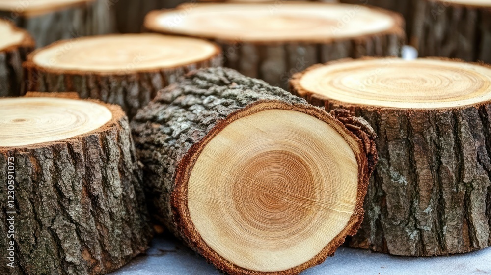 Poster sliced tree trunks displaying growth rings