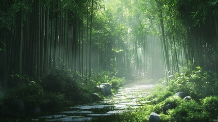 Obraz premium Serene Bamboo Forest Path: A Mystical, Sunlit Stone Walkway