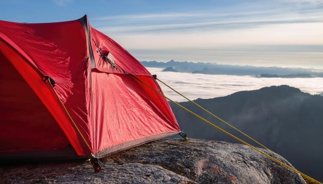 Red tent on high mountain peak above the clouds