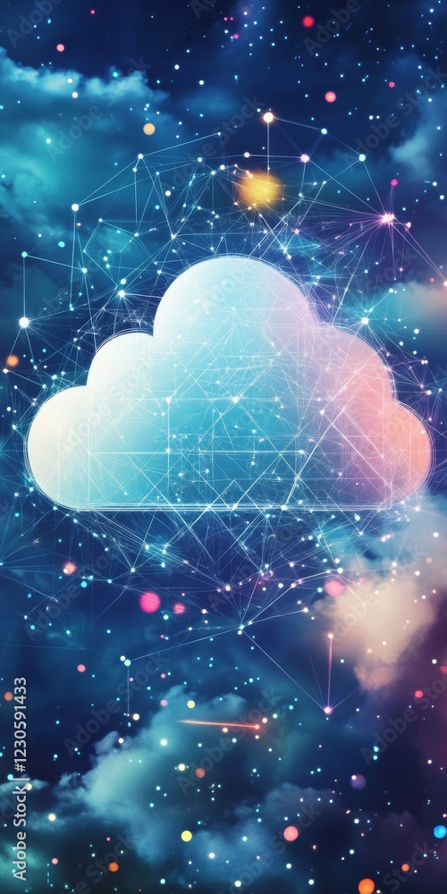 Poster cosmic digital cloud network: abstract technological visualization of the virtual universe