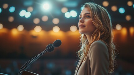 Woman delivers inspiring speech at a conference in a well-lit auditorium, showcasing confidence and poise during an important event