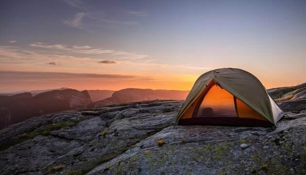 tent on rugged mountain peak at dawn - Powered by Adobe