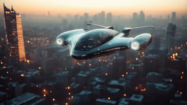 Futuristic aircraft soaring above a high-tech city skyline in a misty atmosphere. Sci-fi scene embodies concepts of advanced technology, innovation, future transportation, and urban exploration.