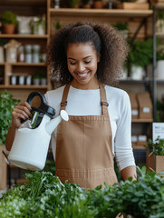 Smiling young woman watering plants in a garden store