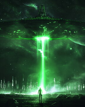 A shining green beam from a UFO illuminates a man _006