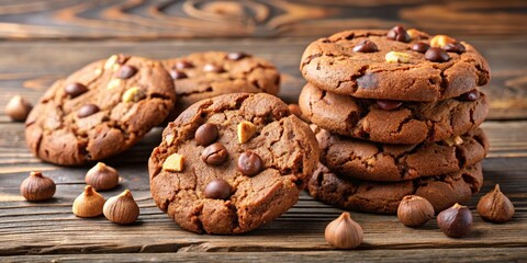 Fototapeta premium Chocolate Hazelnut Cookies on Wooden Table , crunchy cookies, sweet treat, crunchy cookies, sweet treat, snack
