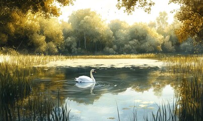 Fototapeta premium Serene swan gracefully glides across a tranquil lake, nestled within a sun-drenched forest.