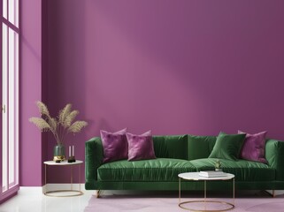 Green velvet sofa with purple pillows and a pink rug in a living room with a purple wall