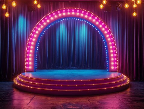 A background featuring a blue curtain, a podium, and a retro arch banner, perfect for presentations, concerts, or shows.