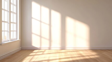 Fototapeta premium Bright and airy interior room with sunlight casting shadows through large windows on wooden floor