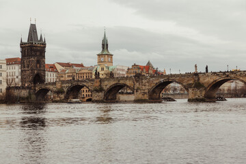 Wide angle shot of charles bridge during the afternoon