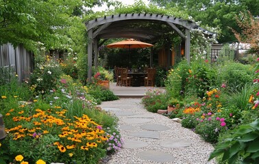 Obraz premium Vibrant garden pathway leads to a cozy dining area under a shaded arbor in a lush backyard