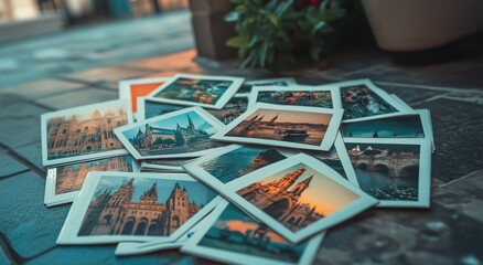 Stacks of travel photographs scattered on a picturesque sidewalk in the evening glow