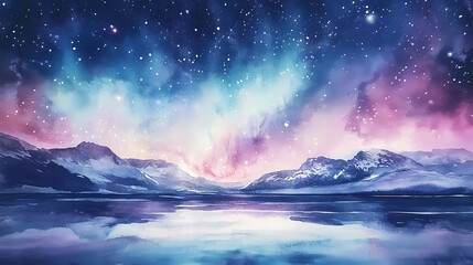 Fototapeta premium Mystical aurora borealis above icelands glacial lagoons, vivid watercolor streaks in a starry night sky. Aurora Lagoon. Illustration
