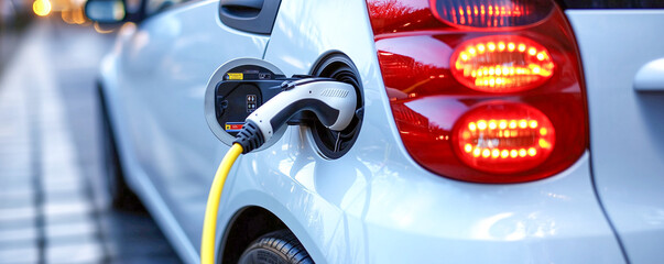 Electric vehicle charging at a public station during early evening hours in an urban setting