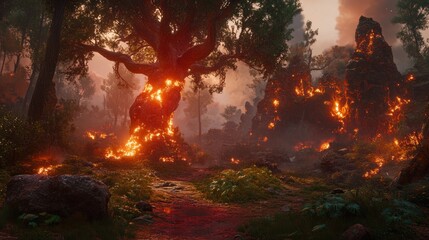 Infernal Forest Burning Tree And Rocks Ablaze