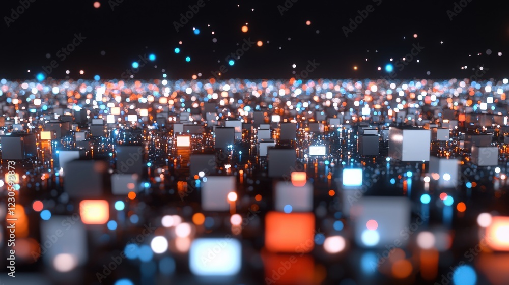 Poster dynamic data visualization digital universe abstract art nighttime aerial view conceptual technology