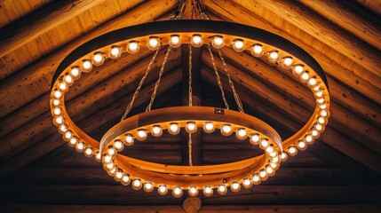Obraz premium Wooden Ring Chandelier Illuminated With Many Lights