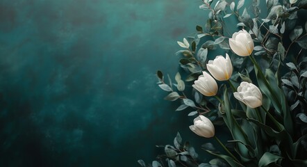 Naklejka premium Elegant white tulips amidst green foliage in a serene arrangement