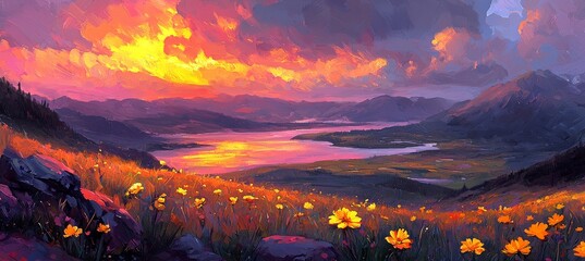 Softly focused sunset over a field of yellow flowers and green grass, bathed in the warm hues of the golden hour, either sunset or sunrise. A serene close-up of spring-summer nature with a blurred