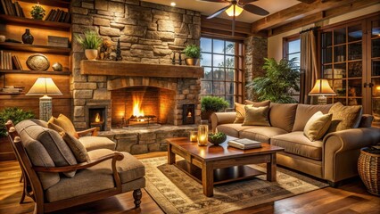 Warm ambiance with crackling fireplace in a cozy living room surrounded by plush furniture and soft lighting, creating a relaxing atmosphere, rustic, earthy colors