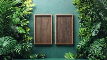 Two vertical wooden frames on a green wall, d with plants and minimalist decor. 3D rendering
