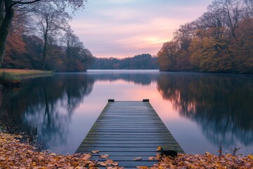 Calm lake view with a wooden pier extending into the water at sunset
