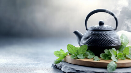 Rustic Black Iron Teapot with Mint Garnish for Tea Ceremony Illustrate a close-up of a black iron Asian teapot with its lid slightly open, steam escaping from the spout. Place seve