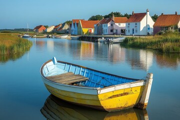 Fototapeta premium Yellow fishing boat floating on calm water with colorful houses in the background