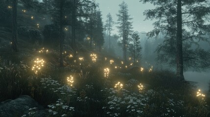 Glowing Flowers Illuminate a Misty Forest Scene