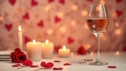 Romantic background with wine, candles and rose petals.