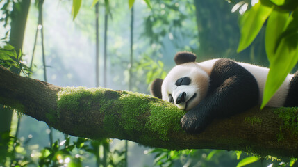 Obraz premium Panda Bear Sleeping in Bifengxia Nature Reserve, Sichuan Province Illustrate a lazy panda bear lying on a tree branch in a serene moment of rest in Bifengxia Nature Reserve, Sichua