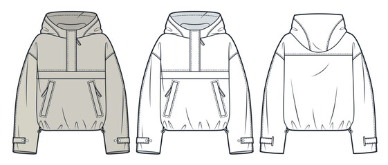 Beige Anorak Hoodie with Pockets and Half-Zip  technical fashion Illustration. Raincoat fashion flat technical drawing template, drawstring, front, back view, white, women, men, unisex CAD mockup set.