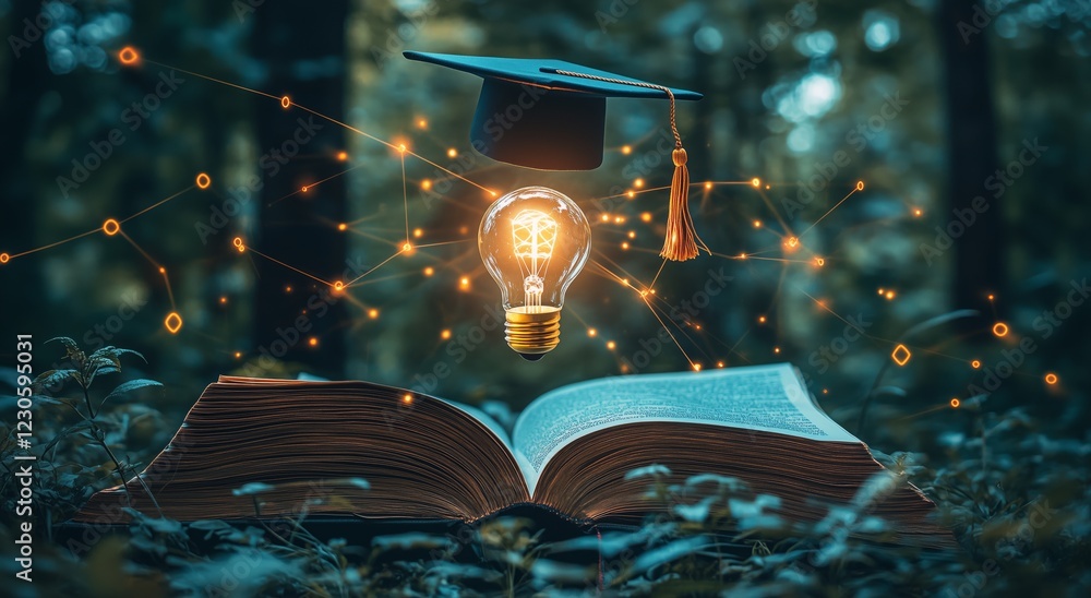 Poster graduation cap and light bulb above an open book in a forest setting at twilight