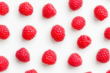 Pattern of Fresh Raspberries on a White Background.
