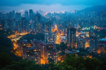 Obraz premium Aerial view of a bustling city at night with illuminated buildings