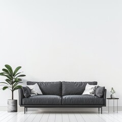 Fototapeta premium Minimalist living room interior with a gray sofa. white walls. wooden floor. and a potted plant