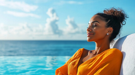 A sophisticated woman in a vibrant orange dress relaxes by the luxury cruise ship pool, gazing at the sparkling ocean under a clear blue sky, epitomizing elegance and serenity on a