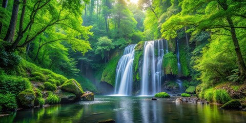 Obraz premium A serene waterfall cascades through a lush green forest in a secluded park with tall trees and vibrant foliage, forest landscape, waterfalls