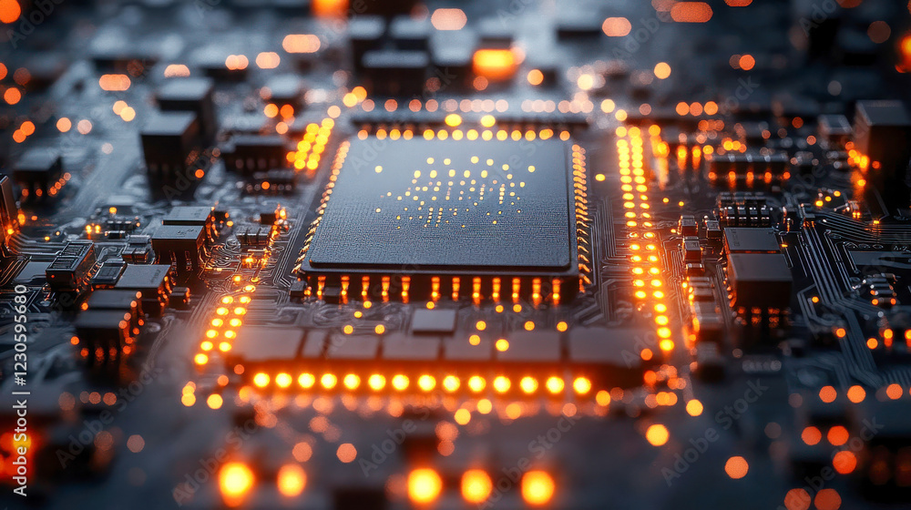 Poster detailed close-up of an advanced microchip on a circuit board, glowing with intricate orange lights,