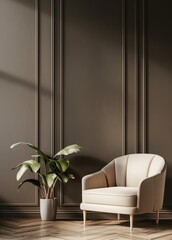 A beige armchair with wooden legs sits in front of a dark brown wall with paneling. a leafy plant sits in the corner