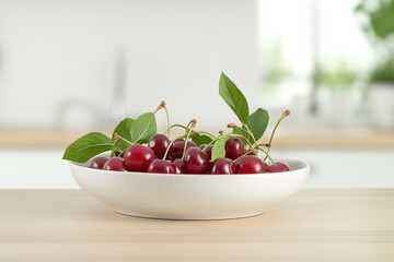 Fresh cherries with leaves in a white bowl  .
