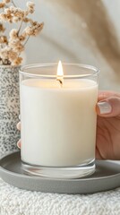 Soft lighting highlights a white candle in a glass jar alongside a ceramic vase and greenery in a minimalist home setting