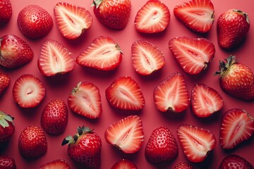 Fresh strawberries neatly arranged on a white surface