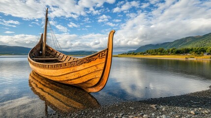 Wooden Viking Boat Docked by Calm Water